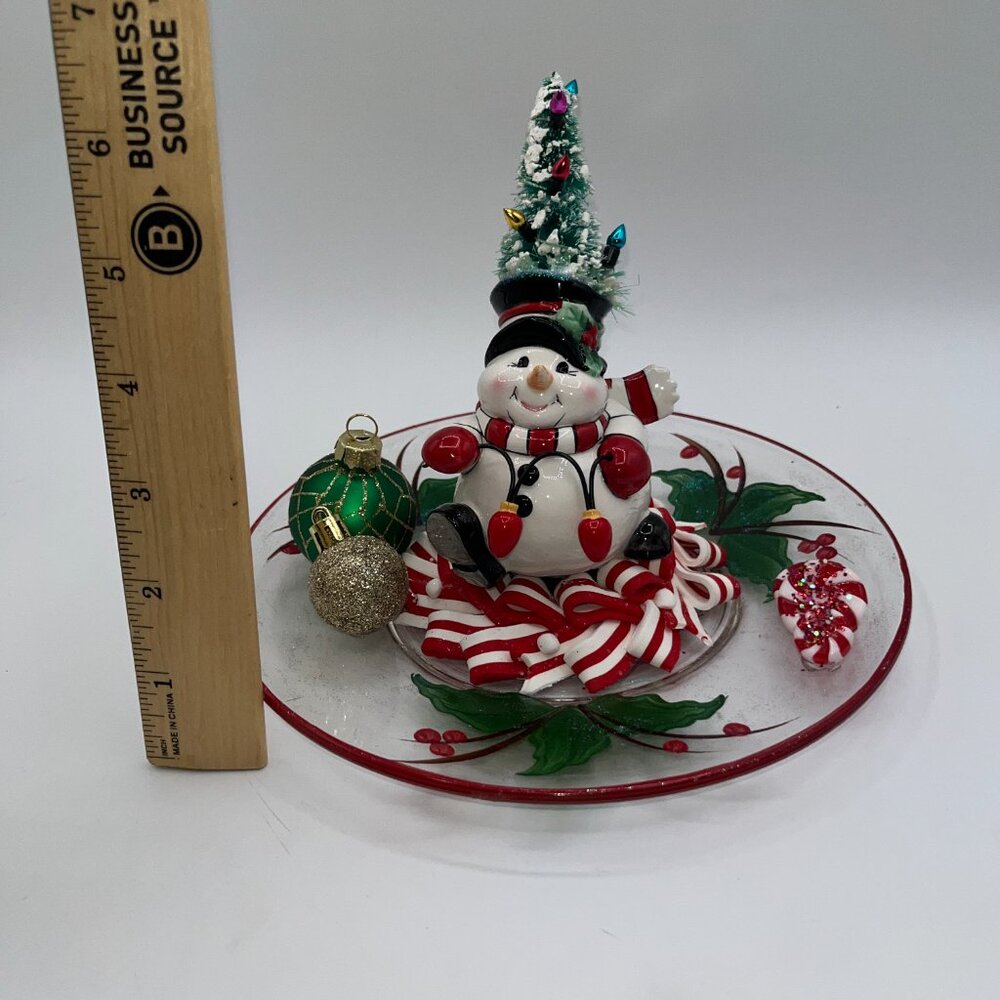 Vintage Ceramic Snowman With Bottle Brush Tree String Light Hat Candy Cane OOAK - Picture 16 of 16